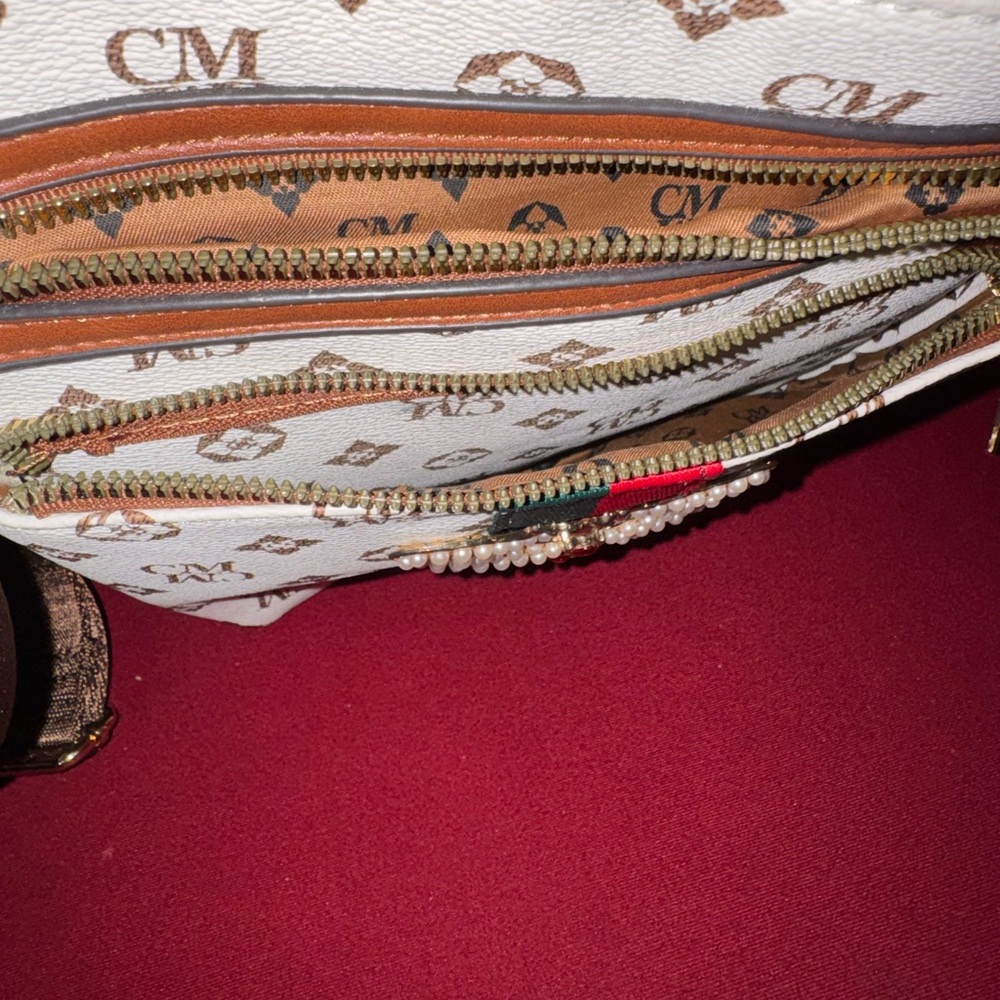 CM Logo Queen Bee Monogram Crossbody Bag with Bee Accent White/Brown/Green/Red - Picture 9 of 12